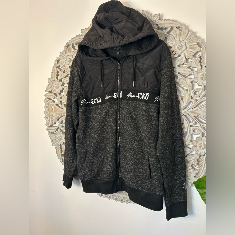 Marc Ecko Black Textured Zip-Up Hoodie | Logo Details | Size Large